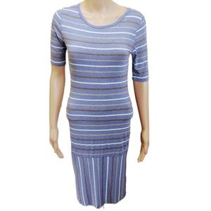EUC LuLaRoe Julia Dress Soft Blue/Brown/White Striped Skirt Rayon/Spandex XS